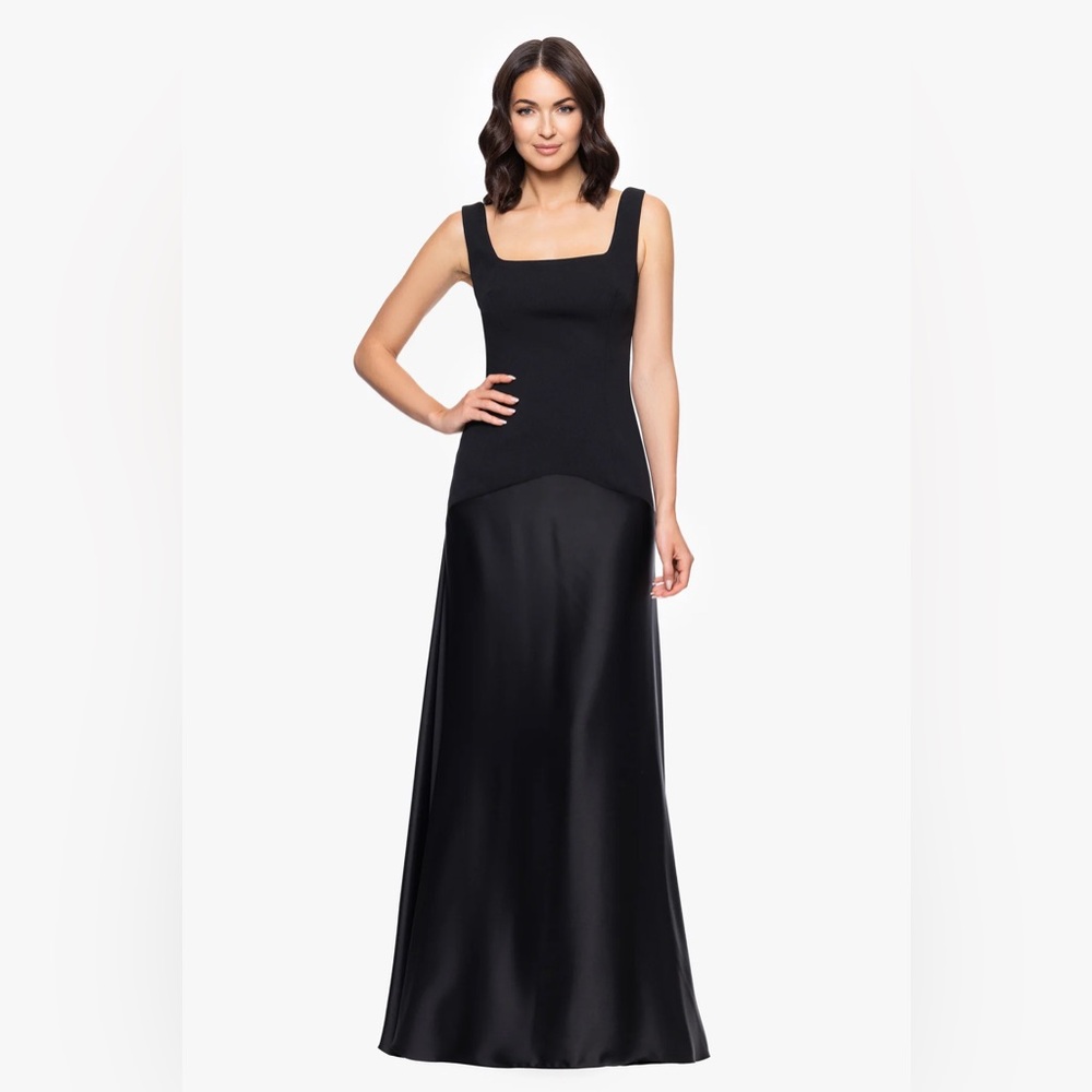 Betsy & Adam Black Satin Crepe Gown SZ 2 NWT Formal GALA Maxi Dress Evening MOB